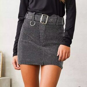 Day G Rhinestone Mini Skirt High Waisted Black Silver Belted Size Large Buckle